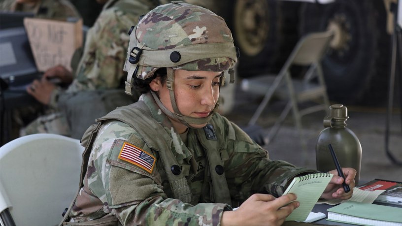 U.S. Army Cpl. Isela Teran, unit supply sergeant with the 155th Combat Sustainment Support Battalion reviews supply capacities of units located throughout the area of operation during Operation Sentinel Justice at Gulfport, Miss., June 13. 2026.