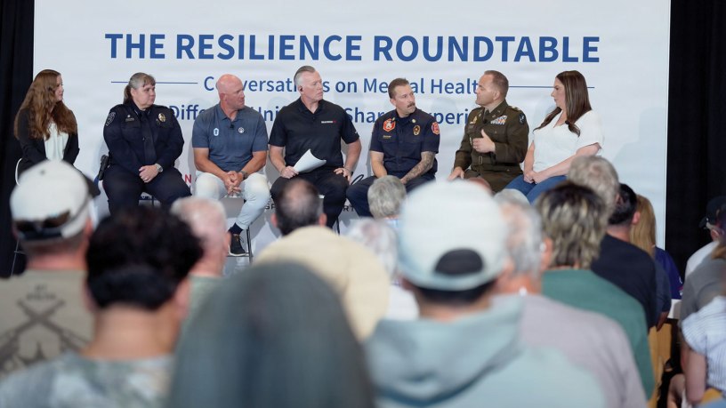 Major League Baseball alumni, local first responders, and Master Sgt. Rebecca Anderson, 775th Explosive Ordnance Disposal Flight section chief, participate in a mental health resilience panel during the "In the Open" event at the Salt Lake Bees Ballpark in South Jordan, Utah, June 13, 2026.