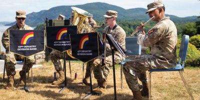 Members of the New York Army National Guard's 42nd Infantry Division Band perform during a ceremony held a the United States Military Academy at West Point on June 14, 2026. The Band will be playing at concerts across New York from June 25 to July 4. ( U.S. Army National Guard Photo by Major Rolando Sierra)