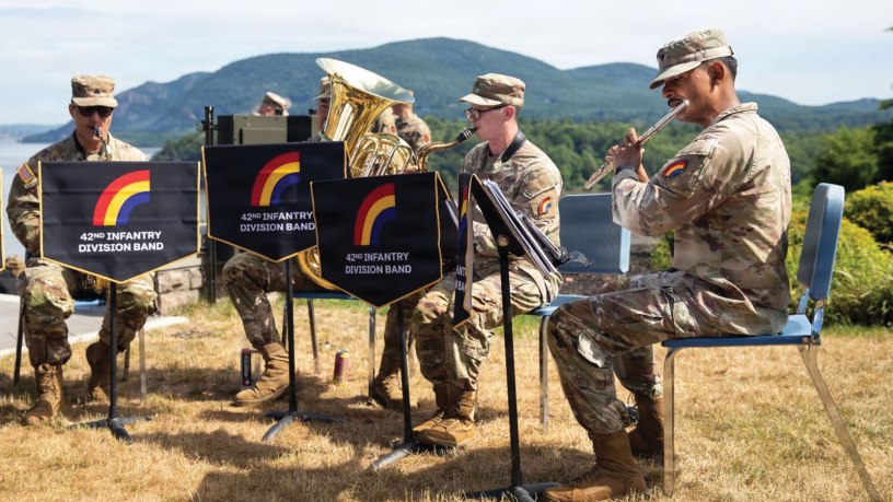 Members of the New York Army National Guard's 42nd Infantry Division Band perform during a ceremony held a the United States Military Academy at West Point on June 14, 2026. The Band will be playing at concerts across New York from June 25 to July 4. ( U.S. Army National Guard Photo by Major Rolando Sierra)