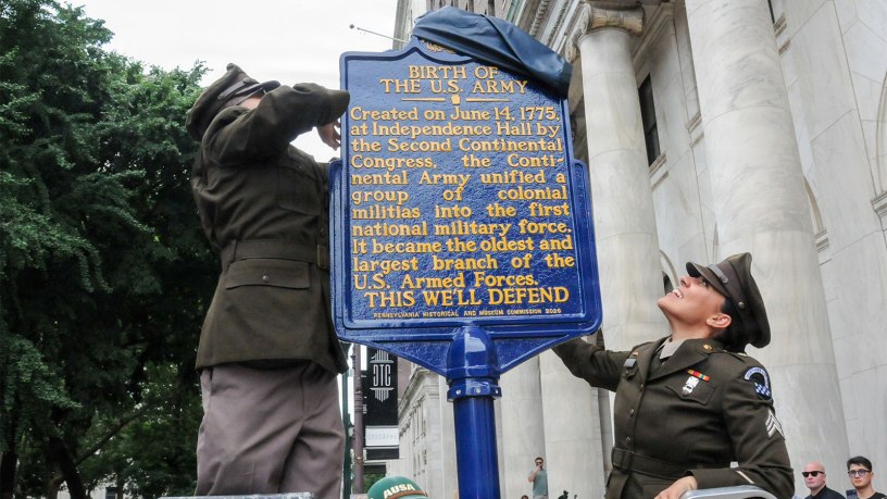 Staff Sgt. Erick Narvaez and Sgt. Tainna Chagas of the U.S. Army Reserve’s 99th Readiness joined state and city officials, senior military leaders, and civilian partners as the U.S. Army celebrated its 251st birthday June 14 with the unveiling of the service’s birthplace historic marker in Philadelphia.