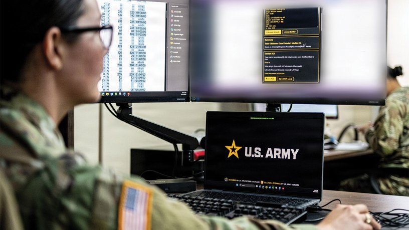 Sgt. Lorelei Hubbard, an administrative noncommissioned officer assigned to the Oklahoma Army National Guard Recruiting and Retention Battalion, uses an artificial intelligence tool to rapidly determine award eligibility for a National Guard member at the RRB headquarters in Oklahoma City on June 17, 2026.
