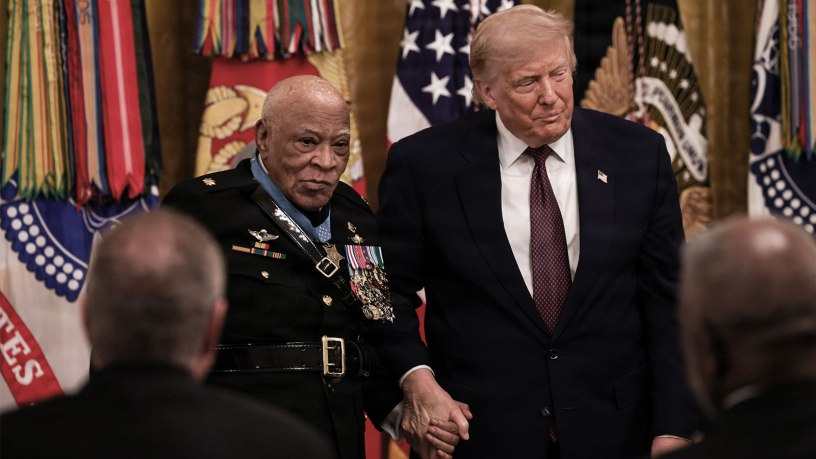Retired U.S. Marine Corps Maj. James Capers poses for photo with the 47th President of the United States, Donald J. Trump, after receiving the Medal of Honor during an award ceremony at the White House, Washington, D.C., June 18, 2026.