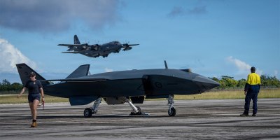 U.S. Air Force HC-130J Combat King II assigned to the 79th Rescue Squadron takes off behind a Boeing Defence Australia’s MQ-28 Ghost Bat, a production representative test aircraft, during Exercise Valiant Shield 2026 at Rota, Commonwealth of the Northern Mariana Islands, June 21, 2026.