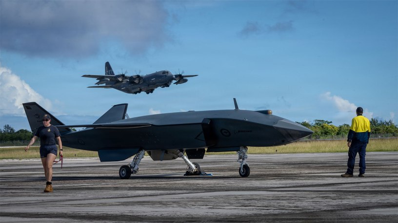 U.S. Air Force HC-130J Combat King II assigned to the 79th Rescue Squadron takes off behind a Boeing Defence Australia’s MQ-28 Ghost Bat, a production representative test aircraft, during Exercise Valiant Shield 2026 at Rota, Commonwealth of the Northern Mariana Islands, June 21, 2026.