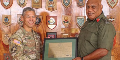 U.S. Army Pacific Deputy Commanding General for Homeland-Affairs, Maj. Gen. Lance Okamura officially presented the RFMF with a newly framed copy of the Third Battalion Fiji Infantry Regiment (3FIR) U.S. Army XIV Corps Unit Citation to RFMF Commander Land Force, Brig. Gen. Onisivoro Covunisaqa.