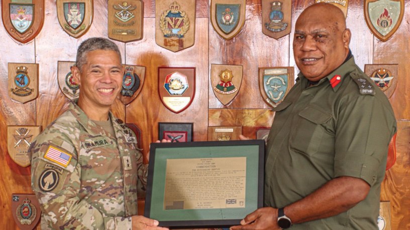 U.S. Army Pacific Deputy Commanding General for Homeland-Affairs, Maj. Gen. Lance Okamura officially presented the RFMF with a newly framed copy of the Third Battalion Fiji Infantry Regiment (3FIR) U.S. Army XIV Corps Unit Citation to RFMF Commander Land Force, Brig. Gen. Onisivoro Covunisaqa.