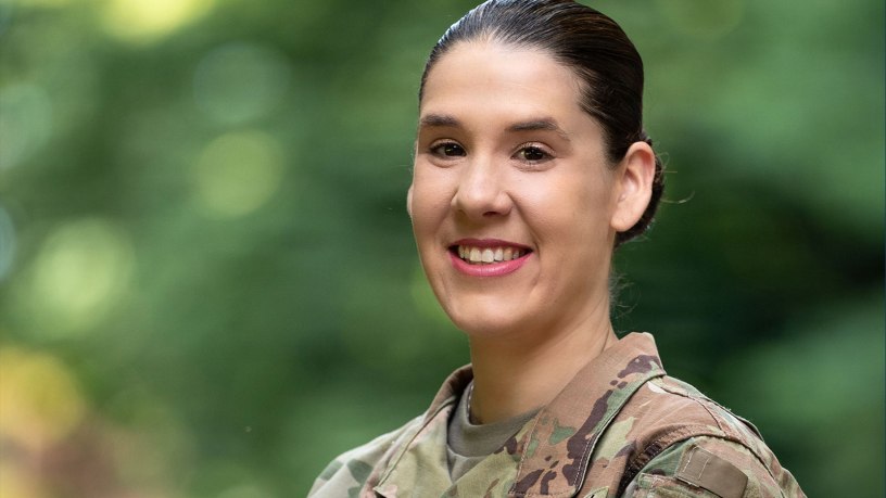 Warrant Officer 1 Ashley Hripak poses for a portrait outside of the William A. O'Neill Armory in Hartford, Connecticut on June 24, 2026.(U.S. Army National Guard Photo by Spc. Emmanuel Gibson)