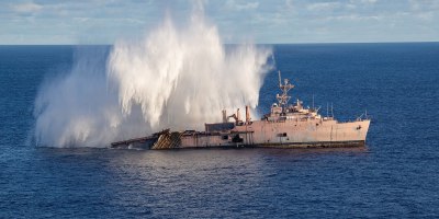 Japan Maritime Self-Defense Force submarine fires a torpedo at the decommissioned USS Juneau in support of a live-fire sinking exercise (SINKEX) as part of Valiant Shield 2026 while underway in the Philippine Sea, June 27, 2026.