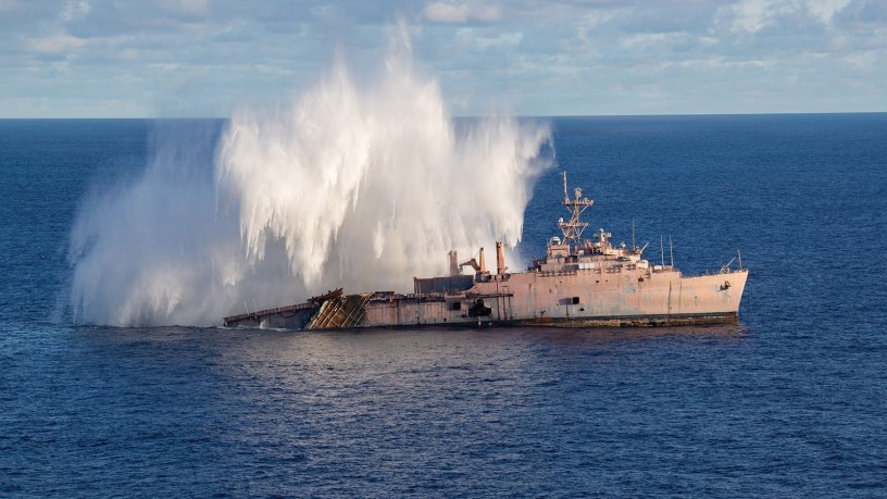 Japan Maritime Self-Defense Force submarine fires a torpedo at the decommissioned USS Juneau in support of a live-fire sinking exercise (SINKEX) as part of Valiant Shield 2026 while underway in the Philippine Sea, June 27, 2026.