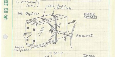 First draft sketch of RescueSat by U.S. Naval Research Laboratory (NRL) Mike Brown, Sept. 12, 2002, from original concept proposal to Defense Advanced Research Projects Agency (DARPA). This sketch represents one of the earliest visions of what ultimately became the Robotic Servicing of Geosynchronous Satellites (RSGS) payload.