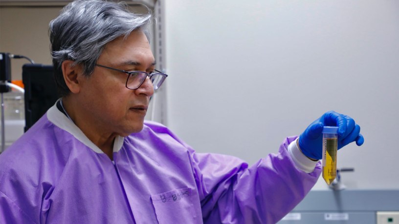 Dr. Biswajit Biswas, chief of Bacteriophage Science Division with Naval Medical Research Command (NMRC), inspects a purified phage sample as part of bacteriophage therapy research to combat multidrug resistant bacteria that could impact warfighter readiness.
