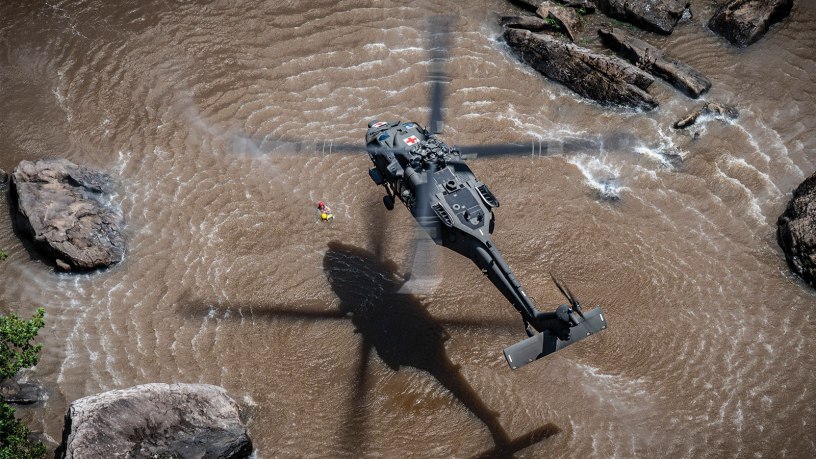 Members of the West Virginia National Guard’s Company C., 2-104th General Support Aviation Battalion conduct swift water rescue operations training and certification during their annual training period at Camp Dawson, Kingwood, West Virginia, July 17, 2025
