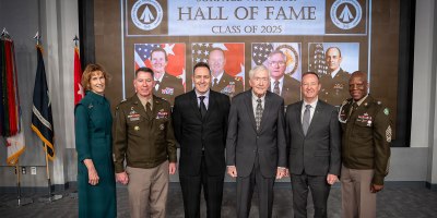 The most recent inductees from the Surface Warrior Hall of Fame Class of 2025 include Maj. Gen. (Retired) Kurt Ryan, Maj. Gen. (Retired) Susan Davidson, Mr. William Lucas, SES, and Command Sgt. Maj. (Retired) Thomas Mott. (U.S. Army photo by Christopher Parr)