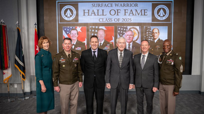 The most recent inductees from the Surface Warrior Hall of Fame Class of 2025 include Maj. Gen. (Retired) Kurt Ryan, Maj. Gen. (Retired) Susan Davidson, Mr. William Lucas, SES, and Command Sgt. Maj. (Retired) Thomas Mott. (U.S. Army photo by Christopher Parr)
