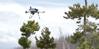 A Forest Service uncrewed aircraft system flies above the Cameron Peak Fire burn area in the Roosevelt National Forest in northern Colorado, April 9, 2026.