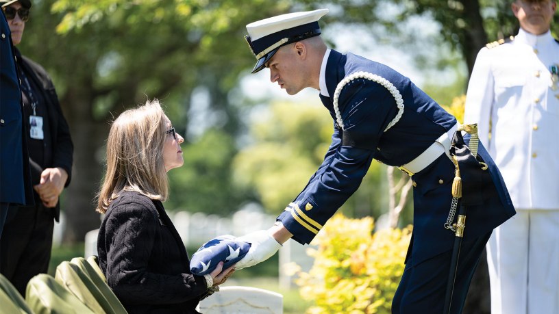 Coast guardsmen from the U.S. Coast Guard Ceremonial Honor Guard, sailors from the U.S. Navy Ceremonial Band, and soldiers from the 3d U.S. Infantry Regiment (The Old Guard) Caisson Detachment conduct full military funeral honors with escort during a memorial service for U.S. Merchant Marine Galleyman-Utility Jose Pabon, Arlington National Cemetery, Arlington, Virginia, May 12, 2026.