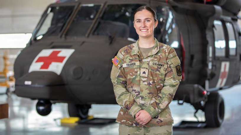 Delaware Army National Guard Sgt. Megan Traver, an aviation Soldier, poses for a portrait at the Army Aviation Support Facility in New Castle, Del., June 8, 2026. Traver, Miss Magnolia 2026, will compete for the Miss Delaware 2026 title on June 20.