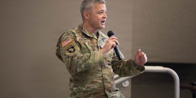 U.S. Army Lt. Col. Joseph Amschler speaks during the Kentucky Resilience and Emergency Preparedness (K-REP) Summit at Boone National Guard Center in Frankfort, Kentucky, June 16-17.