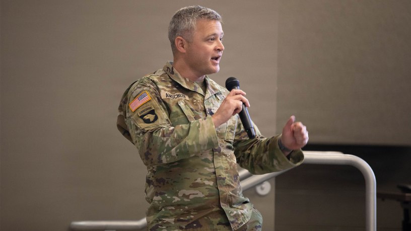 U.S. Army Lt. Col. Joseph Amschler speaks during the Kentucky Resilience and Emergency Preparedness (K-REP) Summit at Boone National Guard Center in Frankfort, Kentucky, June 16-17.