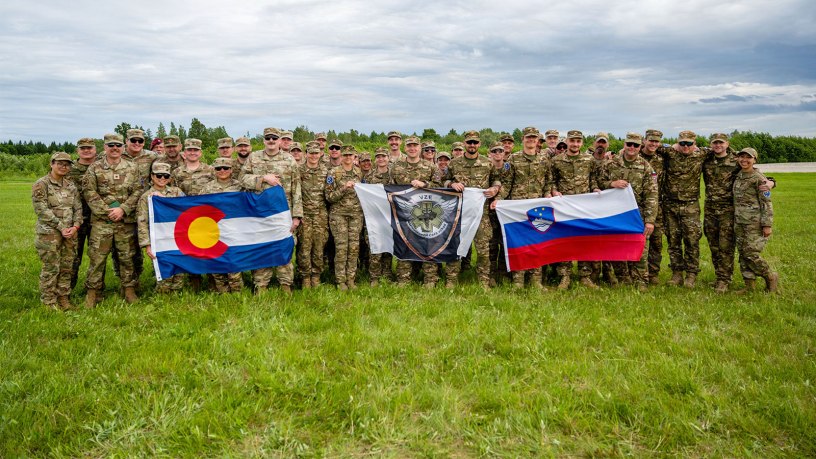 Medical personnel from the Colorado National Guard’s Chemical, Biological, Radiological, and Nuclear Enhanced Response Force Package pose for a photo alongside their counterparts from the Slovenian Medical Forces at the Vigorous Warrior Exercise, Tapa, Estonia, June 18, 2026.