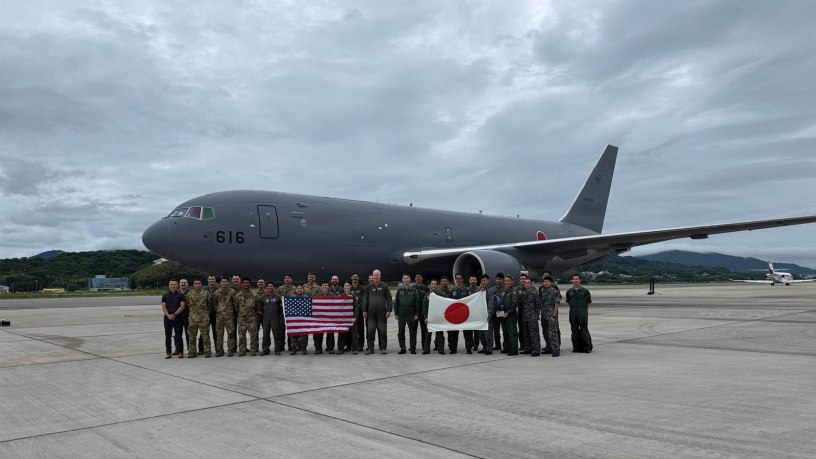 U.S. Air Force Airmen assigned to the 730th Air Mobility Squadron, Yokota Air Base, pose for a photo with members of the Japan Self-Defense Force in Fukuoka, Japan, June 24, 2026, in support of VALIANT SHIELD 2026.