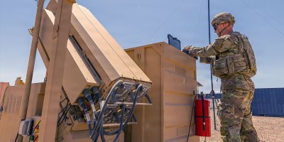 A U.S. Army paratrooper works with a Coyote counter-unmanned aircraft system (C-UAS) in the Middle East. The Coyote enables soldiers to detect, track, and defeat adversarial UASs in support of force protection operations. (U.S. Army photo)