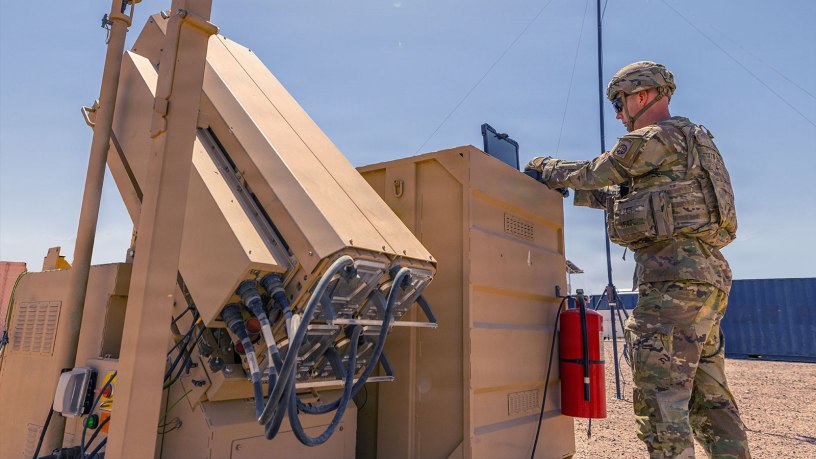 A U.S. Army paratrooper works with a Coyote counter-unmanned aircraft system (C-UAS) in the Middle East. The Coyote enables soldiers to detect, track, and defeat adversarial UASs in support of force protection operations. (U.S. Army photo)
