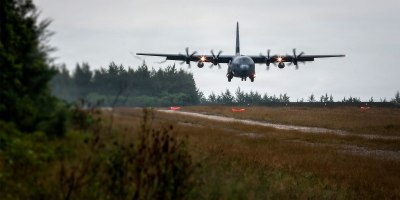 A U.S. Air Force C-130 sourced by the Washington National Guard lands on Angaur Airstrip, Palau, June 25, 2026.