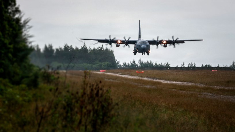A U.S. Air Force C-130 sourced by the Washington National Guard lands on Angaur Airstrip, Palau, June 25, 2026.