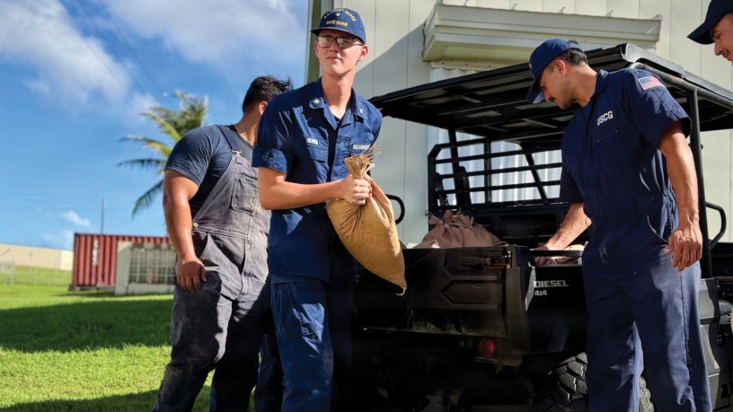 U.S. Coast Guard crews in Guam apply sandbags to prepare for Typhoon Bavi (09W) on July 2, 2026, now forecast to rapidly intensify as it tracks toward the Marianas. The team continues to secure the base, haul out and trailer the small boats at the station, and prepare cutters to get underway ahead of the storm.