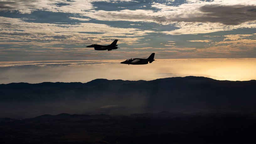 An Argentinian air force IA-63 Pampa and a Chilean F-16C Fighting Falcon conduct flying operations during Exercise Salitre 2026 above Chile, July 3, 2026.