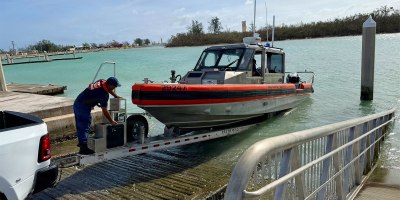 Members of Station Apra Harbor launch the 29-foot Response Boat-Small to assess Apra Harbor on July 7, 2026, to assess conditions.
