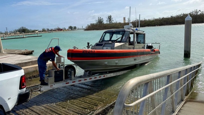 Members of Station Apra Harbor launch the 29-foot Response Boat-Small to assess Apra Harbor on July 7, 2026, to assess conditions.