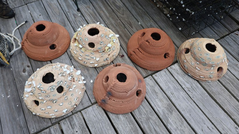 Six 3-D printed oyster reefs sit waiting to be deployed into Mobile Bay in Coden, Alabama, July 9, 2026. The reefs were made from dredged sediment and printed out on a 3-D printer by the USACE Engineer Research and Development Center and brought to Mobile to help the oyster habitat in the Mobile Bay. (U.S. Army photo by Keesha Robinson)