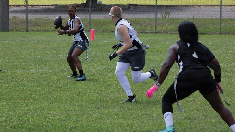 U.S. Army 1st Lt. Brittany Gardner, a strength manager assigned to the 4th Psychological Operations Group (Airborne), preps to throw football during the All-Army Flag Football Selection Camp at Fort Jackson, South Carolina, July 09, 2026.