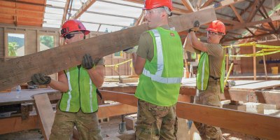 U.S. Air Force Airmen assigned to the 201st Rapid Engineer Deployable Heavy Operational Repair Squadron Engineers, Pennsylvania Air National Guard, install floor joists during an Innovative Readiness Training project at Redwood National and State Parks near Orick, California, July 13, 2026.