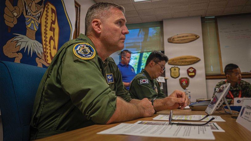 U.S. Air Force Col. Matthew Belote, the Pacific IAMD Center Director, participates in the Korean Tabletop Academy on Joint Base Pearl Harbor Hickam, Hawaii, July 14, 2026.