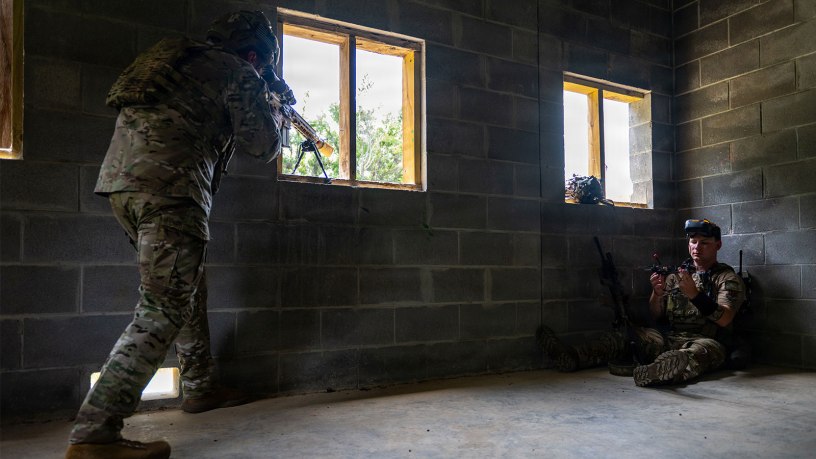 U.S. Air Force Tech. Sgt. Natanael Noronha, 820th Combat Operations Squadron instructor supervisor, left, and Staff Sgt. Conner Montgomery, 824th Base Defense Squadron force production analyst, right, practices First Person View (FPV) drone tactics at Moody Air Force Base, Georgia, July 14, 2026.