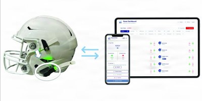 Pictured is a prototype of Saturn Sports’ smart helmet alongside companion application displayed on a smartphone and tablet. The helmet features illuminated technology that indicates whether the chinstrap is properly secured, while the connected app provides real-time information for coaches, trainers and support staff.