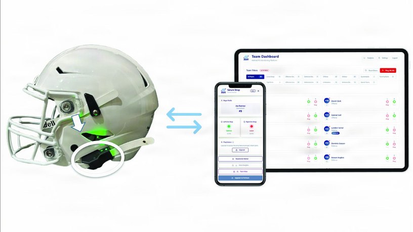 Pictured is a prototype of Saturn Sports’ smart helmet alongside companion application displayed on a smartphone and tablet. The helmet features illuminated technology that indicates whether the chinstrap is properly secured, while the connected app provides real-time information for coaches, trainers and support staff.