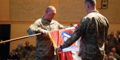 Command Sgt. Maj. Jerimiah Gan, command sergeant major, U.S. Army North (Fifth Army), and Lt. Gen. Allan M. Pepin, commanding general, U.S. Army North (Fifth Army), case the organization's colors during the U.S. Army North inactivation ceremony at Joint Base San Antonio–Fort Sam Houston, Texas, July 15, 2026.