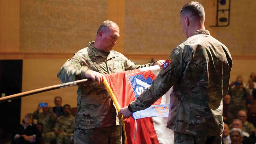 Command Sgt. Maj. Jerimiah Gan, command sergeant major, U.S. Army North (Fifth Army), and Lt. Gen. Allan M. Pepin, commanding general, U.S. Army North (Fifth Army), case the organization's colors during the U.S. Army North inactivation ceremony at Joint Base San Antonio–Fort Sam Houston, Texas, July 15, 2026.