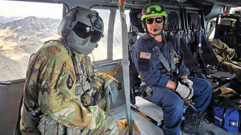 Idaho Army National Guard Staff Sgt. Brad Stock and Boise Fire Department Cpt. Ryan Yates travel to Mount Idaho in a UH-60 Black Hawk to conduct a search and rescue mission on the state's seventh highest peak July 18, 2026.
