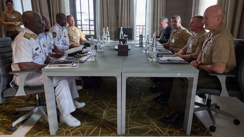 Key leaders from the Ghana Navy, left, and key leaders with U.S. Marine Corps Forces, Europe and Africa, right, sit together in Rabat, Morocco, July 21, 2026.