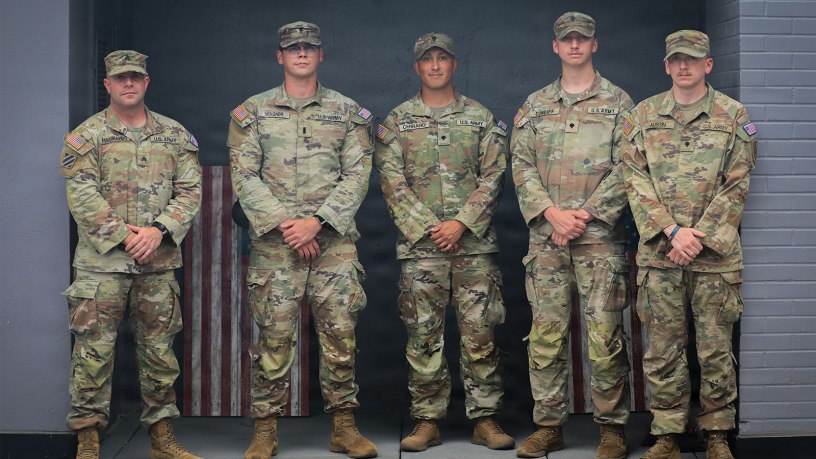 (From the left) Sgt. Louis Ferdinando, 1st Lt. Jacob Wagner, Spc. Fredie Cerrano, Spc. Brayden Cundiff, and Spc. Ryan Austin, all with the Georgia Army National Guard, U.S. Army, assigned to Joint Task Force-District of Columbia (JTF-DC) in support of the D.C. Safe and Beautiful mission, pose for a photo in Arlington, V.A., July 21, 2026.