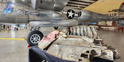 A fragment of U.S. Army Air Forces Maj. Richard I. Bong’s P‑38 Lightning aircraft, “Marge” is displayed at the Experimental Aircraft Association’s AirVenture in Oshkosh, Wisconsin, July 23, 2026. Photo by Capt. Luke Cofax.