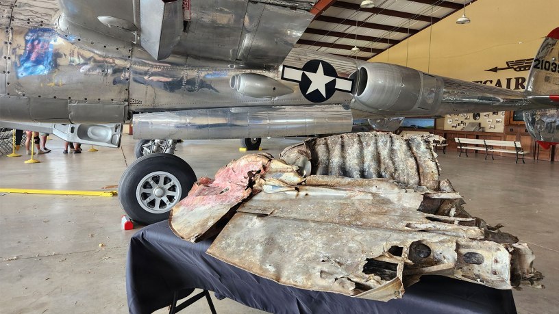 A fragment of U.S. Army Air Forces Maj. Richard I. Bong’s P‑38 Lightning aircraft, “Marge” is displayed at the Experimental Aircraft Association’s AirVenture in Oshkosh, Wisconsin, July 23, 2026. Photo by Capt. Luke Cofax.
