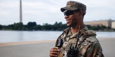U.S. National Guardsmen with the Mississippi National Guard, assigned to Joint Task Force-District of Columbia, in support of the DC Safe and Beautiful mission, patrol the Jefferson Memorial in Washington, July 24, 2026.