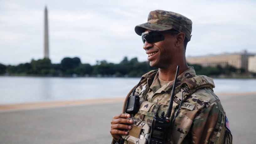 U.S. National Guardsmen with the Mississippi National Guard, assigned to Joint Task Force-District of Columbia, in support of the DC Safe and Beautiful mission, patrol the Jefferson Memorial in Washington, July 24, 2026.